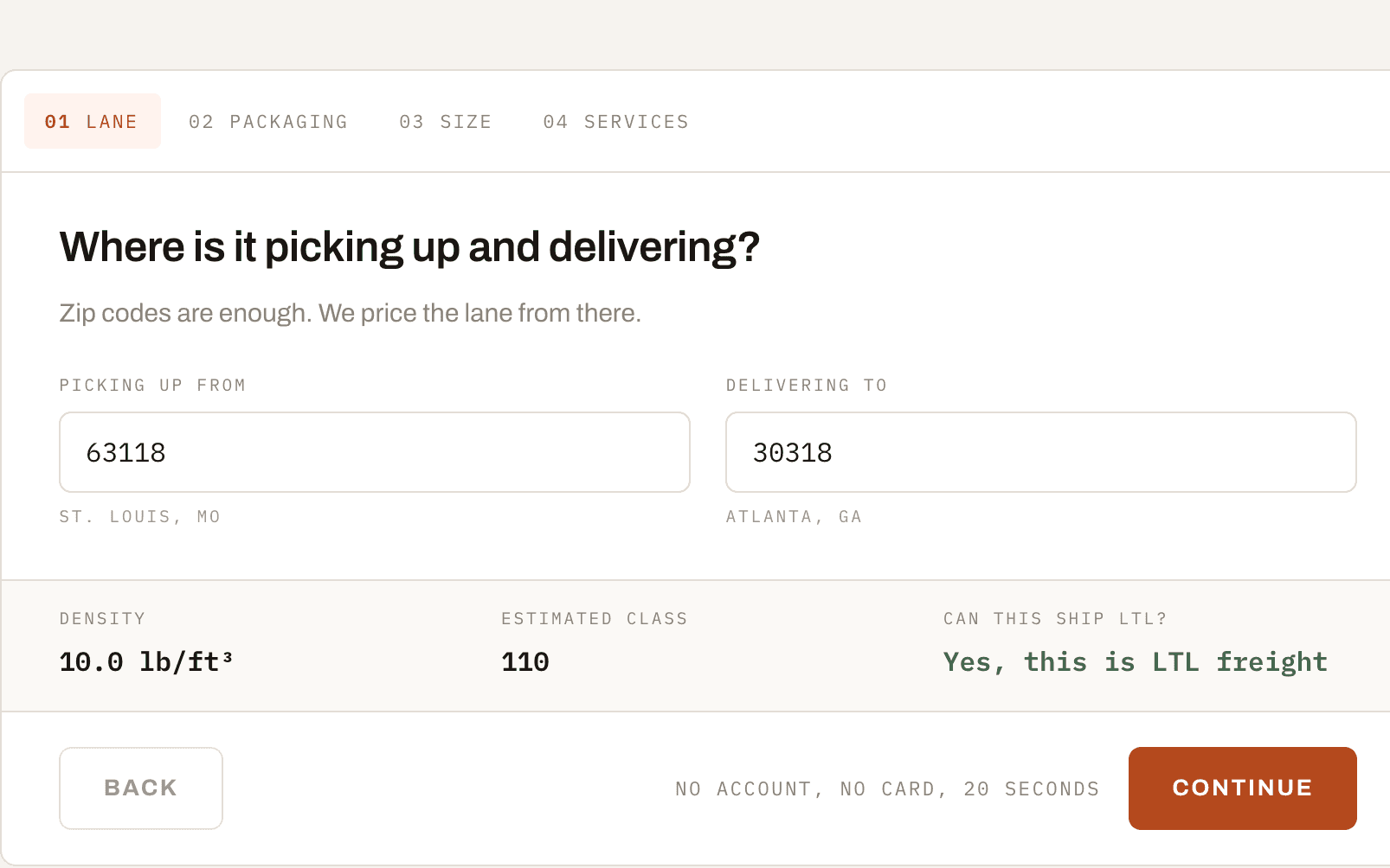 The quote form asking where the freight picks up and delivers, with two zip codes filled in and the density, freight class and LTL check worked out underneath.